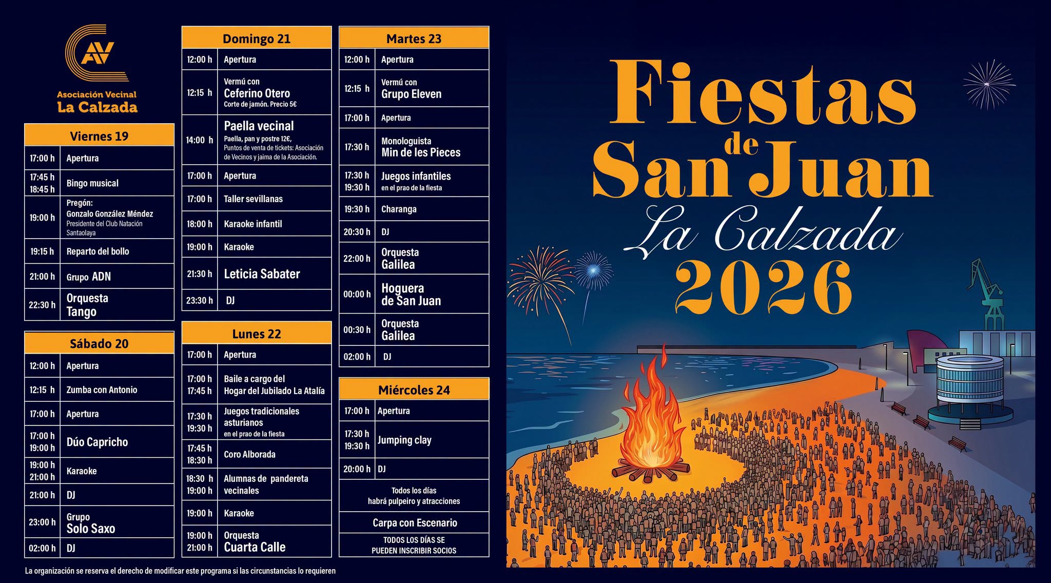 Cartel de las Fiestas de San Juan de La Calzada 2026 con la hoguera en la playa de El Arbeyal