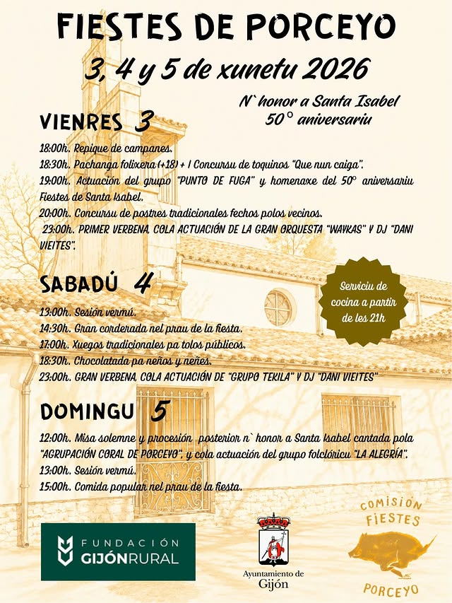 Cartel de las fiestas de Porceyo 2026 en Gijón con el programa del 50 aniversario en honor a Santa Isabel