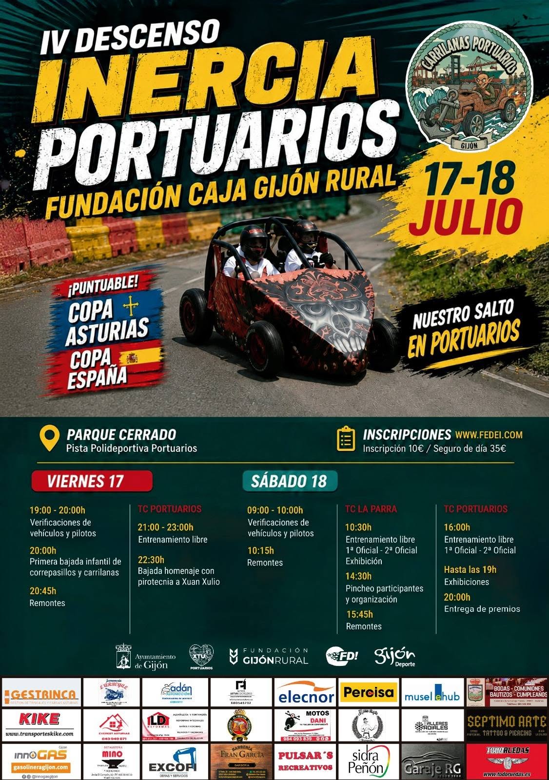 Cartel del IV Descenso Inercia Portuarios, prueba de carrilanas en Gijón del 17 al 18 de julio de 2026