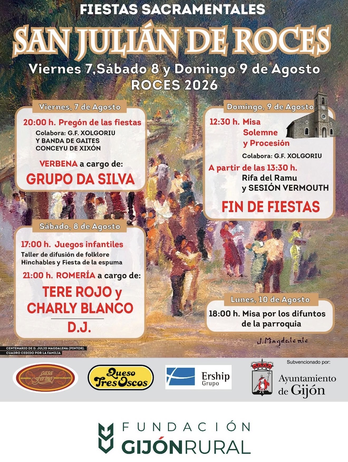Cartel de las Fiestas Sacramentales de San Julián de Roces 2026 en Gijón con el programa del 7 al 9 de agosto