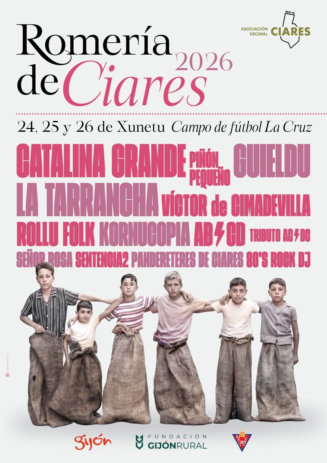 Cartel de la Romería de Ciares 2026, con el cartel musical completo, en Gijón