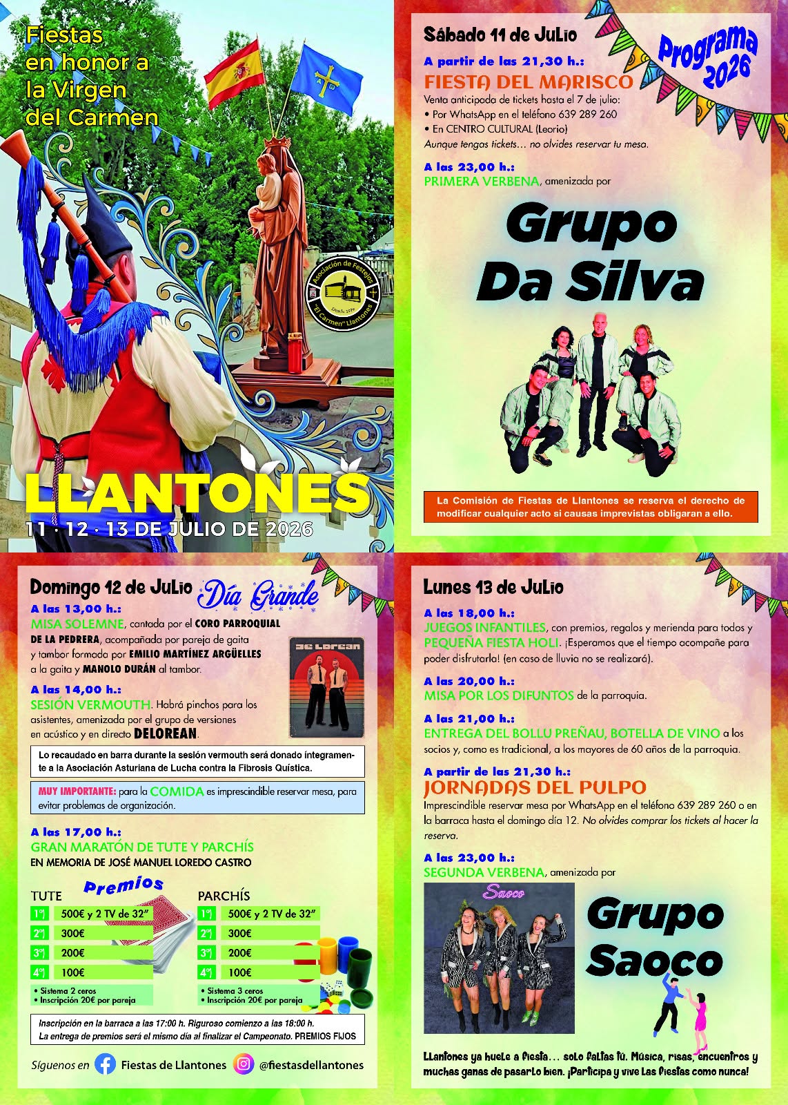 Cartel de las fiestas de Llantones 2026 en honor a la Virgen del Carmen con el programa del 11 al 13 de julio